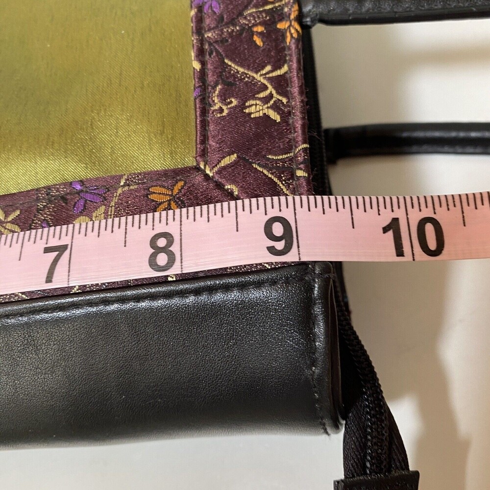 Geisha Shoulder Bag Jade Satin Embroidered Floral Black Leather Weekender Bueno - Picture 10 of 13